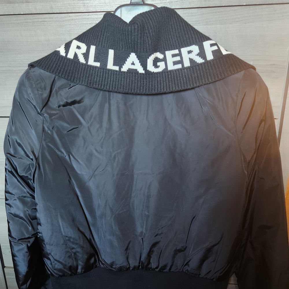 NWT Georgeous Karl Lagerfeld Black Bomber Jacket with Logo Collar